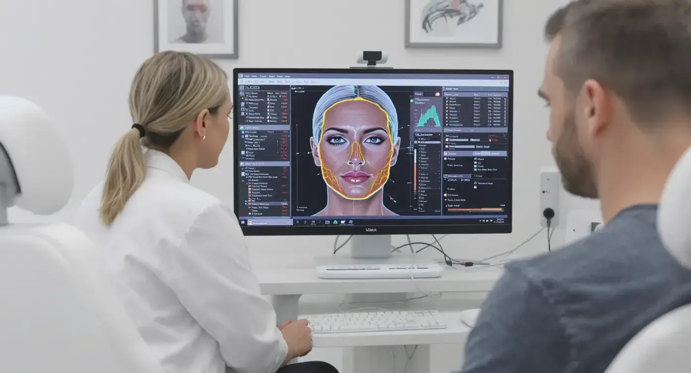 A clinician reviews a 3D VISIA facial scan on a large monitor while a patient sits nearby; multiple data layers show pigmentation, wrinkles, and UV spots.