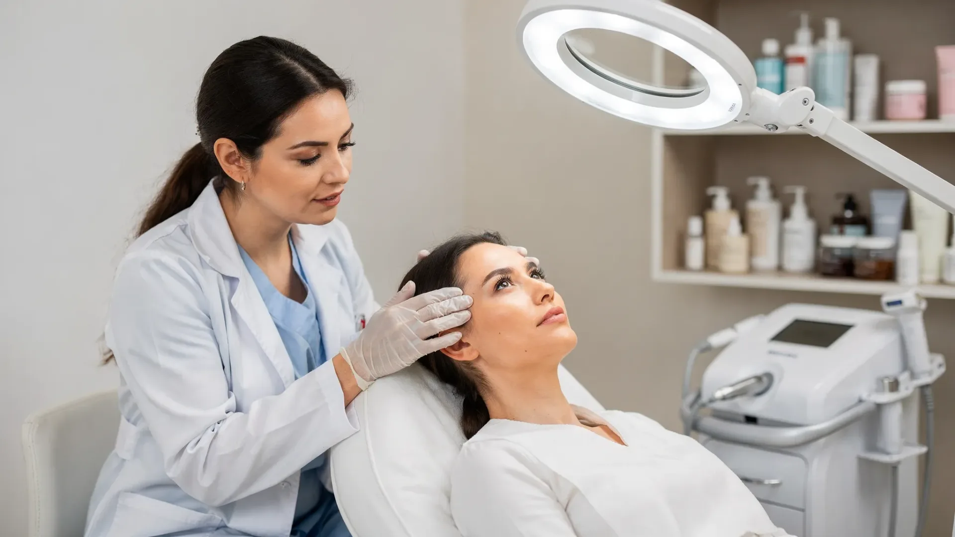 A dermatologist consultation scene with a clinician examining a patient’s cheek texture under a bright examination light, with skincare and laser equipment in the background, conveying a calm medical setting.