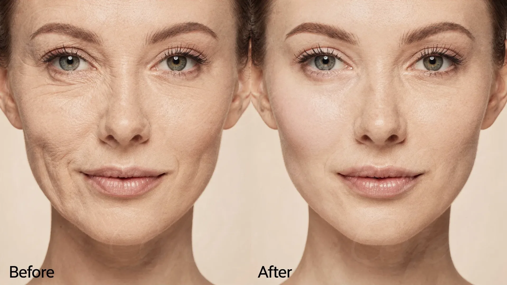 A realistic split-face “before vs after” photo concept showing improved hydration glow, smoother cheek texture, and subtle tightening along the jawline, with consistent lighting and neutral expression for accurate comparison.