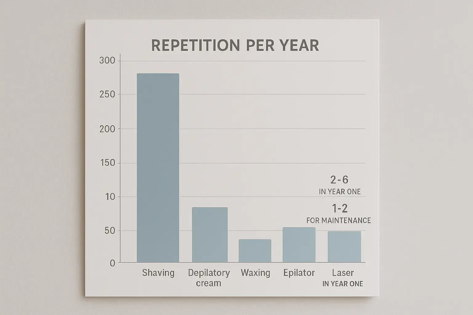 A simple bar chart comparing how often each method is repeated per year: shaving 150–300 times, depilatory cream 26–52, waxing 10–12, epilator 40–60, laser 2–6 in year one then 1–2 for maintenance. Neutral clinic colors, clean infographic style.