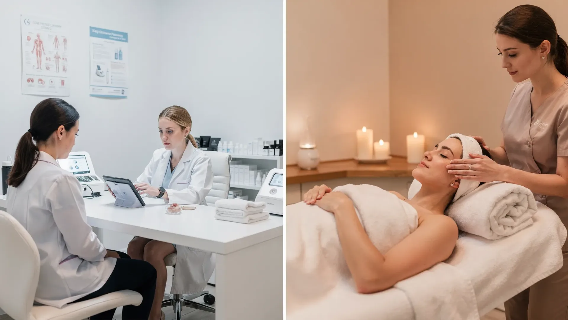 A split-scene comparison showing a medical aesthetic centre consultation room with a dermatologist reviewing a skin assessment, contrasted with a relaxing medspa facial room with soft lighting and towels, highlighting the difference between clinical evaluation and spa-style experience.