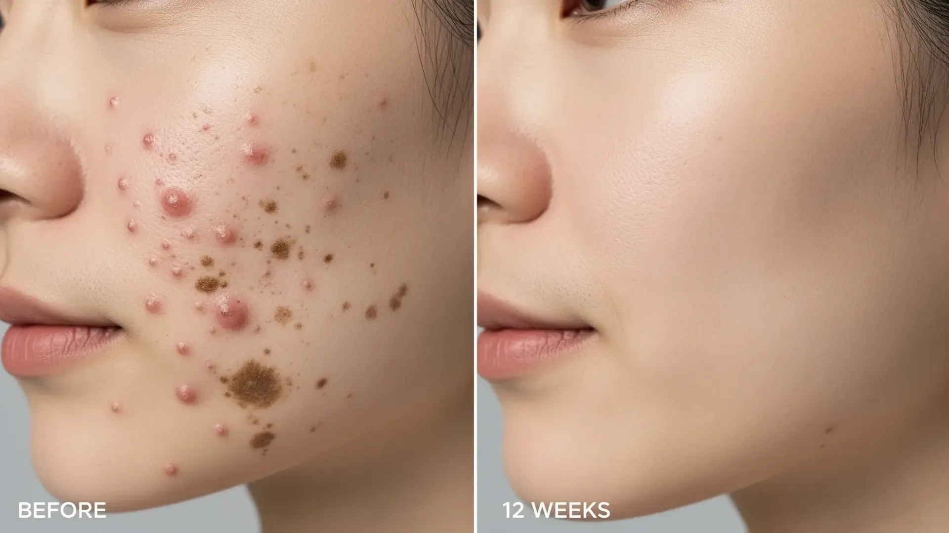 Before and after comparison of cheek acne over 12 weeks, showing a reduction in red pustules, fewer clogged pores, and fading post‑inflammatory hyperpigmentation under consistent lighting and neutral background.