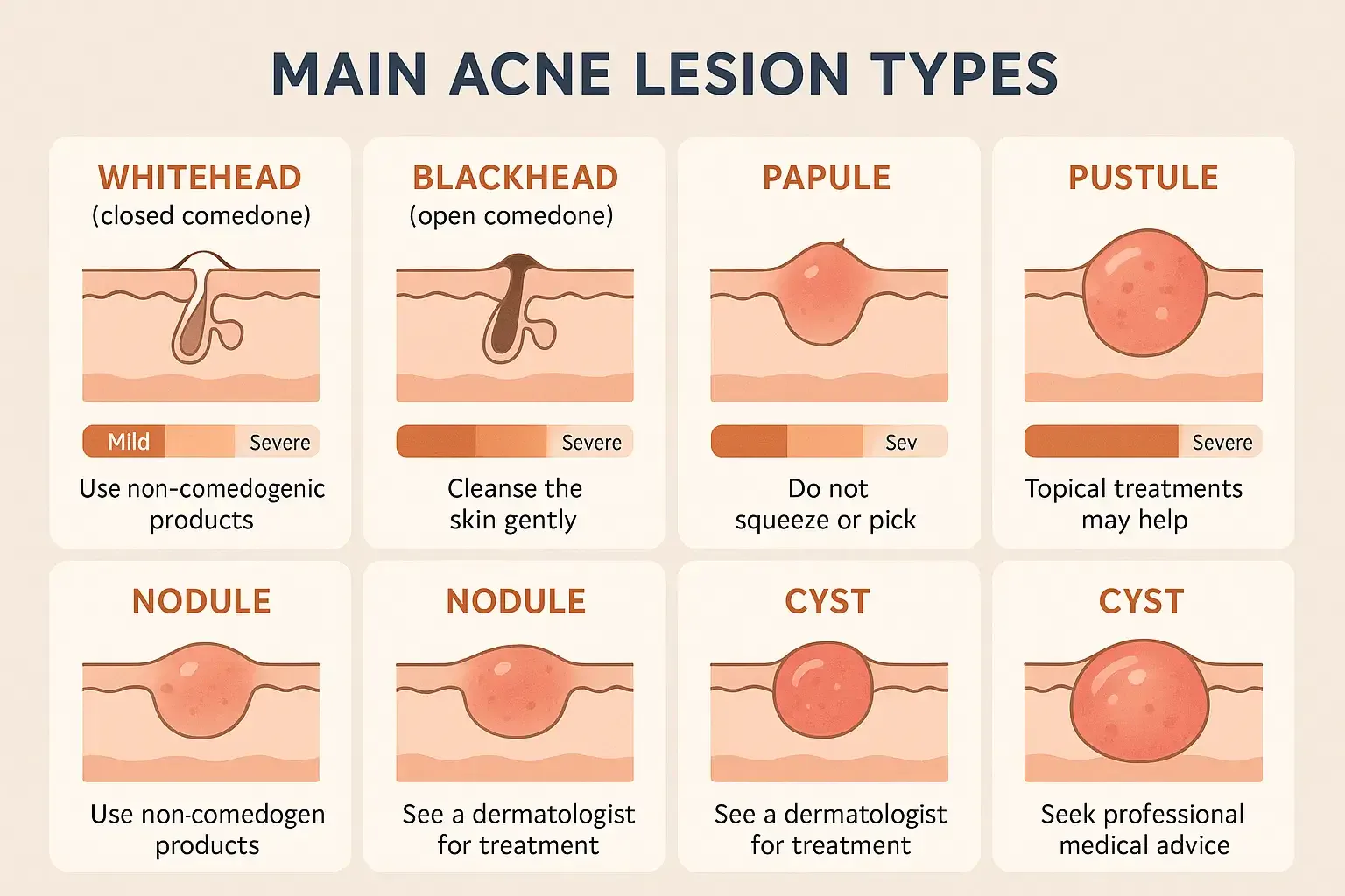 Clean infographic showing six tiles that compare the main acne lesion types: whitehead (closed comedone), blackhead (open comedone), papule, pustule, nodule, and cyst. Each tile includes a simple skin cross‑section sketch, color coded severity scale, and one‑line care tip.