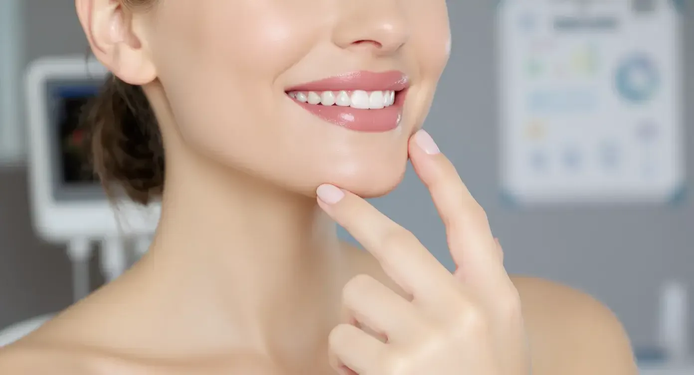 Close-up of a smiling woman touching her firm jawline while clinic charts and ultrasound devices are blurred in the background, symbolizing non-surgical facelift results.
