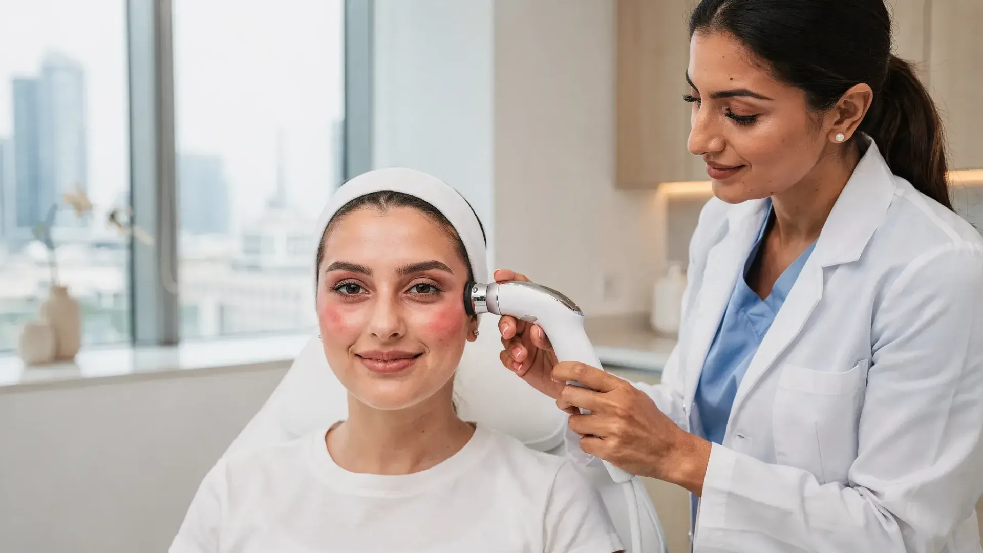 Close-up of a woman with mild facial redness receiving a calm, professional skin assessment from a female dermatologist in a modern Dubai clinic setting, soft daylight, clean white interior, patient wearing a headband, clinician using a handheld skin scope.