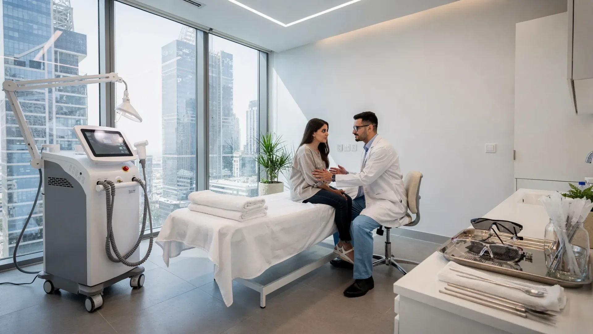Dermatologist examining facial pigmentation under a skin analysis lamp in a calm clinic setting