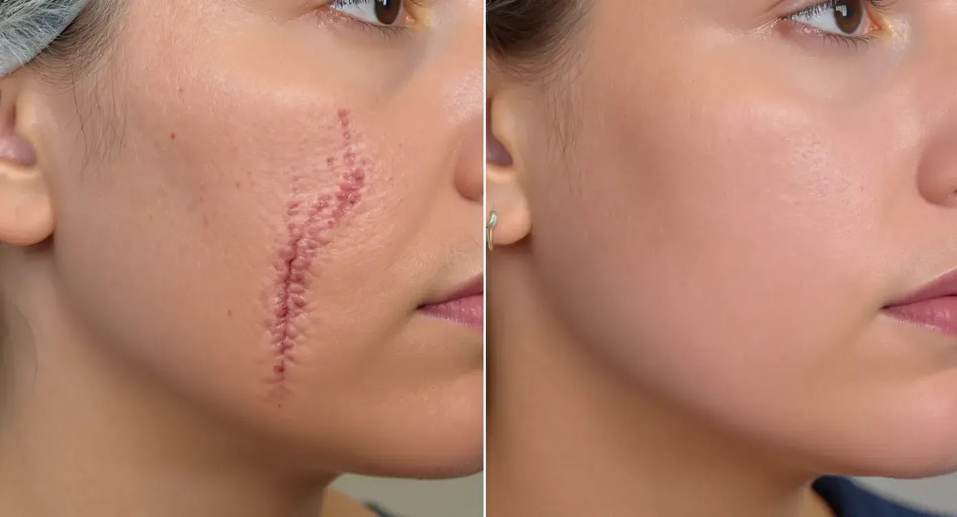 Side-by-side before-after image showing Patient A’s cheek, with deep boxcar scars in the baseline photo and significantly smoother texture in the 6-month post-treatment photo, shot under identical lighting.