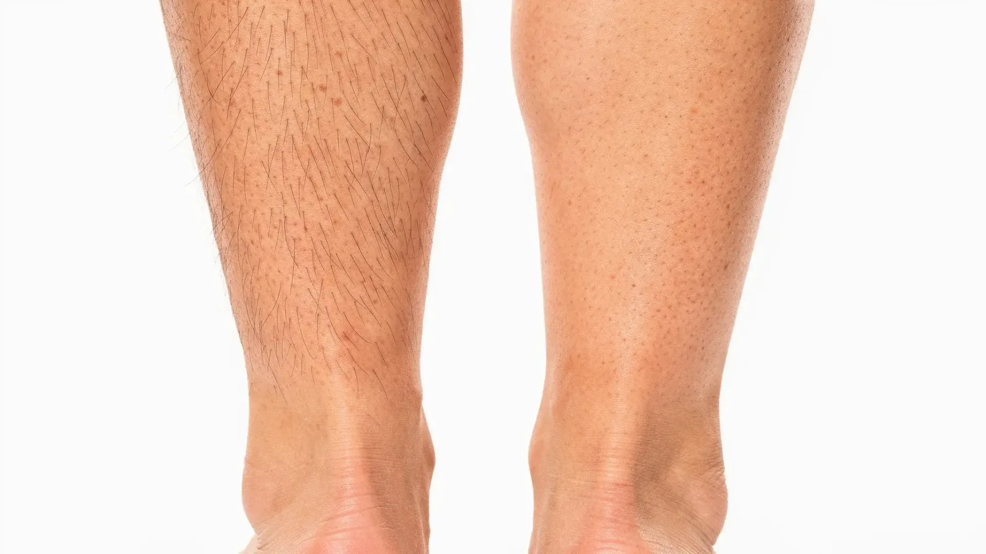 Side-by-side close up of lower legs before and after six sessions of laser hair removal: left shows visible dark hair and shadow; right shows smooth, evenly toned skin with minimal hair presence.