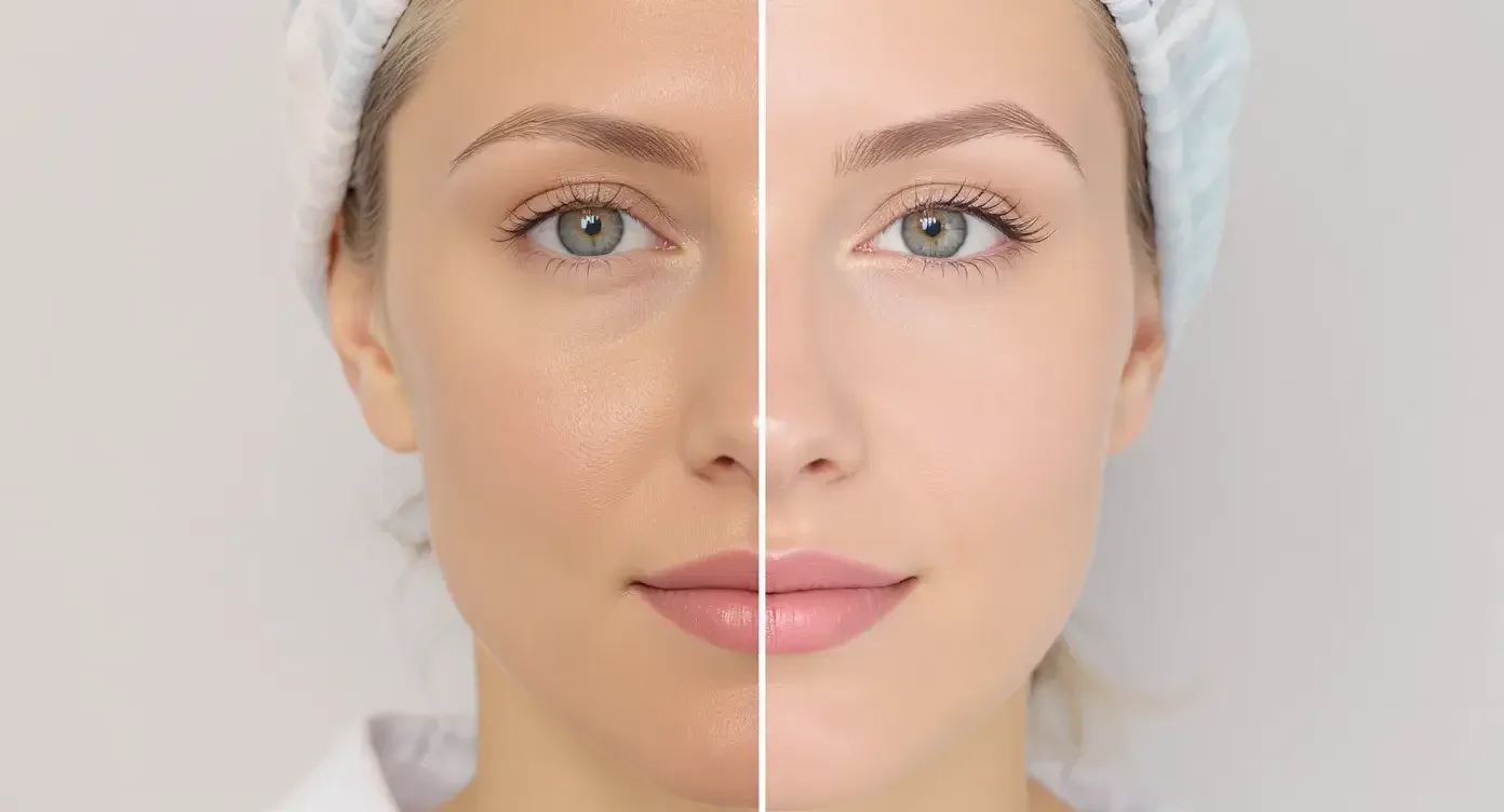 Split-face comparison demonstrating smoother texture and reduced pigmentation three months after three sessions of combined microneedling and mesotherapy on the left side, versus microneedling only on the right side.