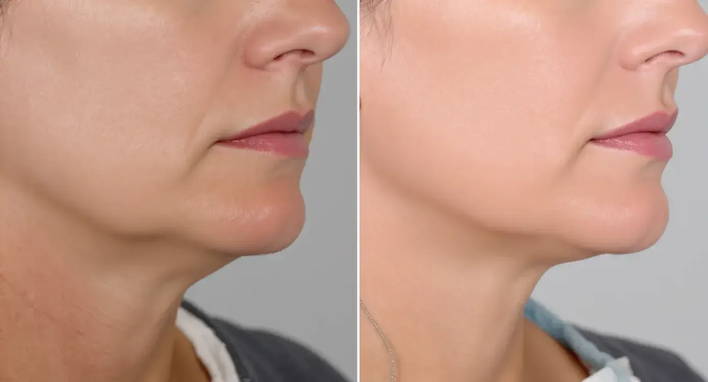 Split image: left side shows pre-treatment sagging jawline under studio lighting, right side after combined threads and filler with lifted contours and smoother skin texture.