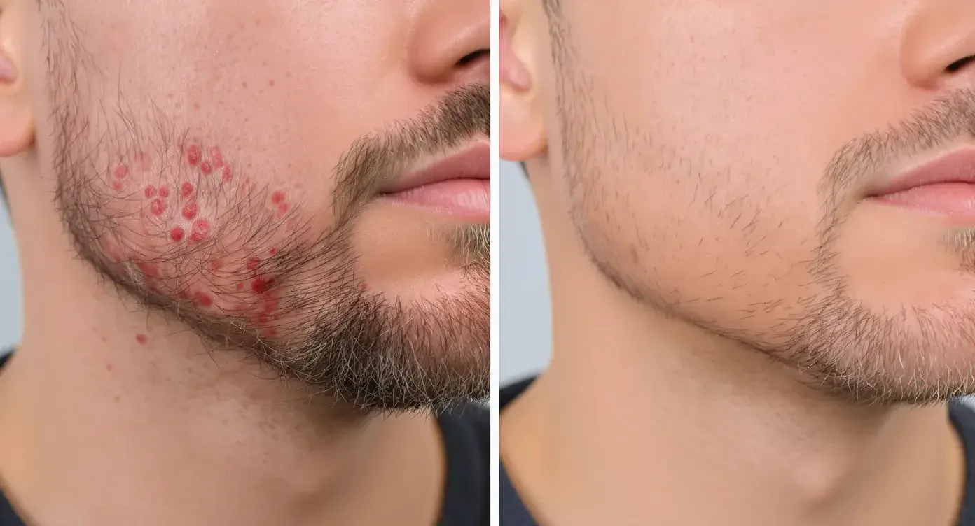 Split-screen image showing the left side with dense beard-line hair and inflamed bumps in a male Fitzpatrick V patient; the right side, taken 12 weeks later, shows markedly diminished hair density and smooth, calm skin.