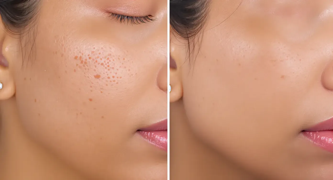 Split-screen macro photo showing an Indian woman’s cheek before treatment with visible enlarged pores and after three RF microneedling sessions, revealing smoother texture and refined pores